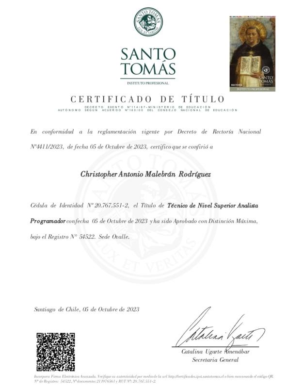 Certificado de título de Analista Programador, I.P. Santo Tomás
