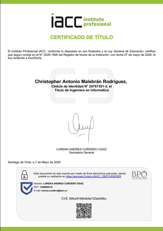 Certificado de título de Ingeniería en Informática, I.A.C.C.